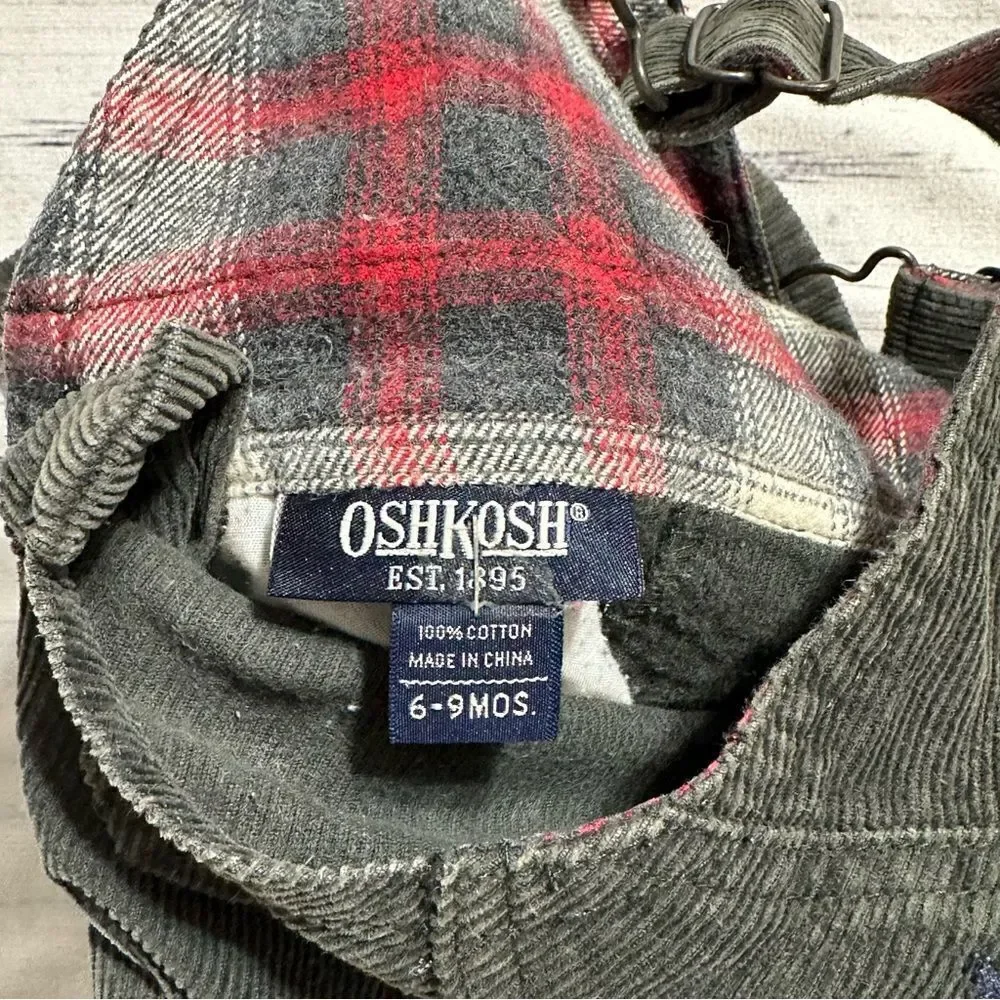 Oshkosh Vestbak Corduroy Overalls Plaid Flannel Lined Bibs Baby 6-9 Months Snaps